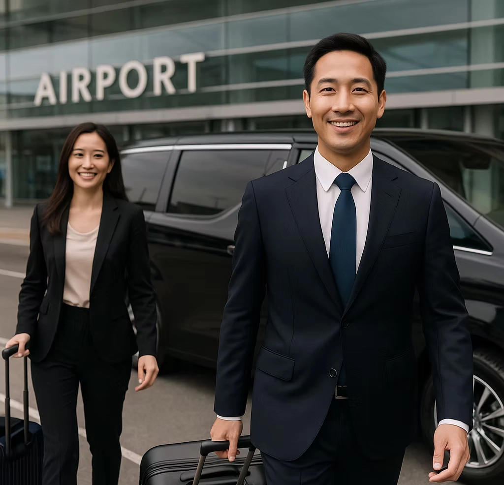 Business executives arriving at Singapore Changi Airport with luggage met by chauffeur