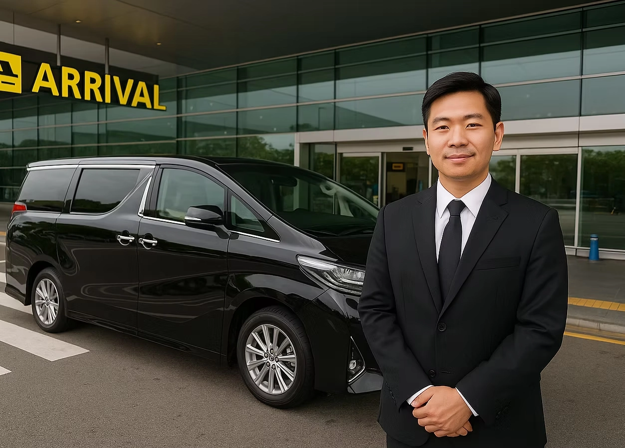 Professional chauffeur in suit standing beside black Toyota Alphard at Singapore airport arrivals