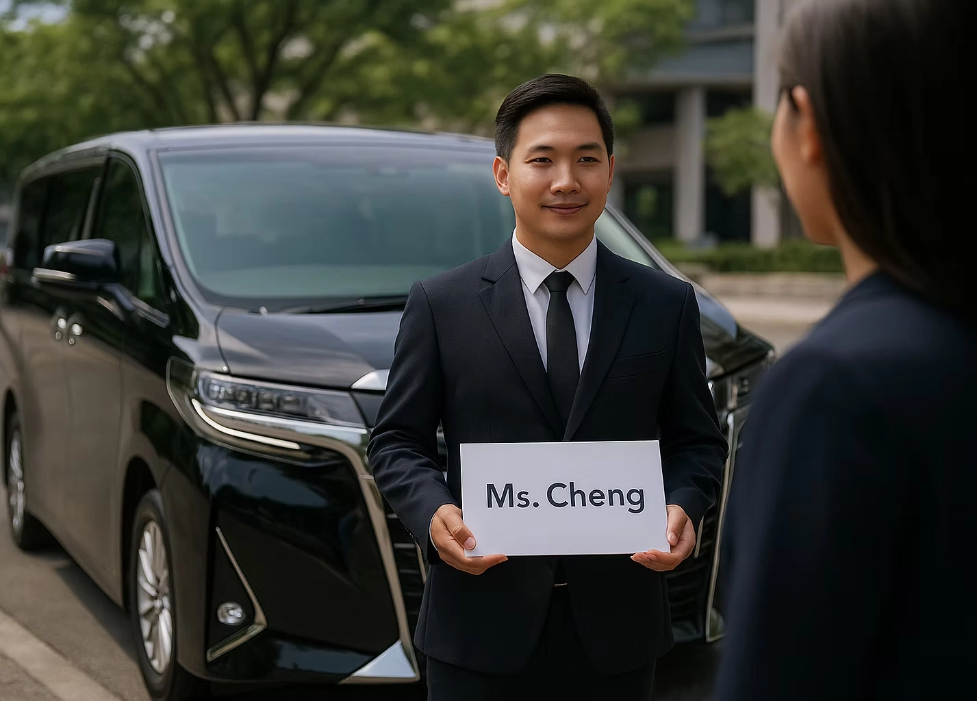 Professional chauffeur holding personalised name sign for client beside black Toyota Alphard in Singapore