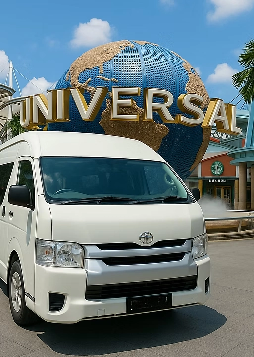 Toyota Hiace Hi-Roof corporate transport van parked at Universal Studios Singapore for event shuttle