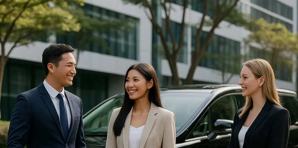 Professional corporate chauffeur team at Singapore office building