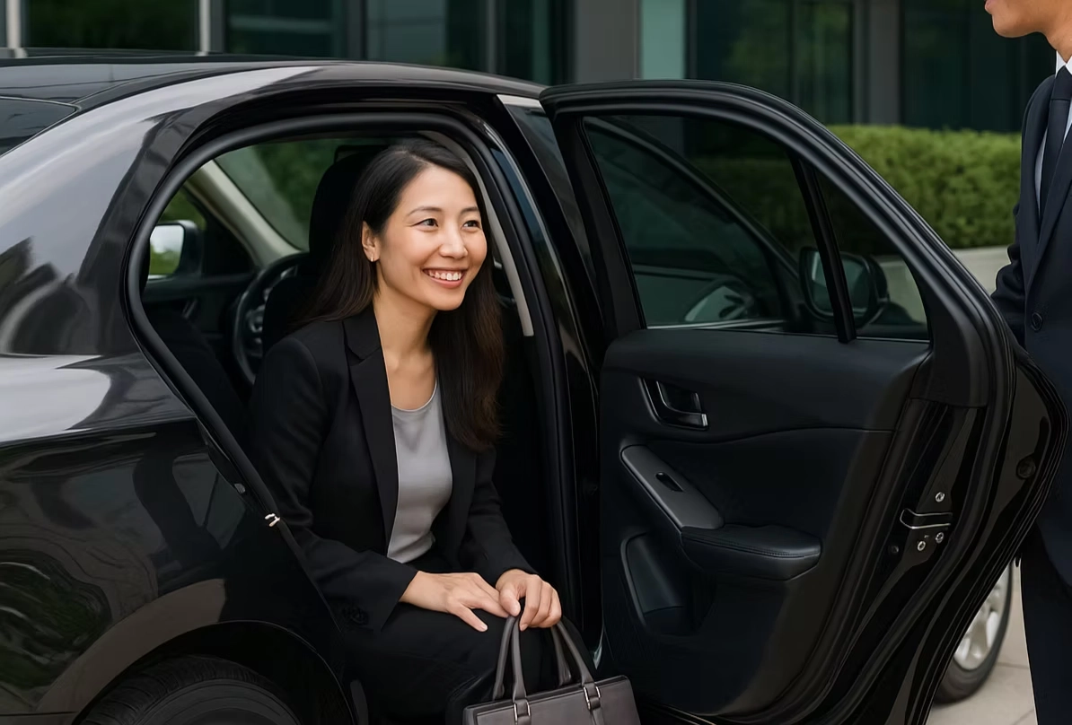 Executive stepping out of chauffeur-driven sedan in Singapore