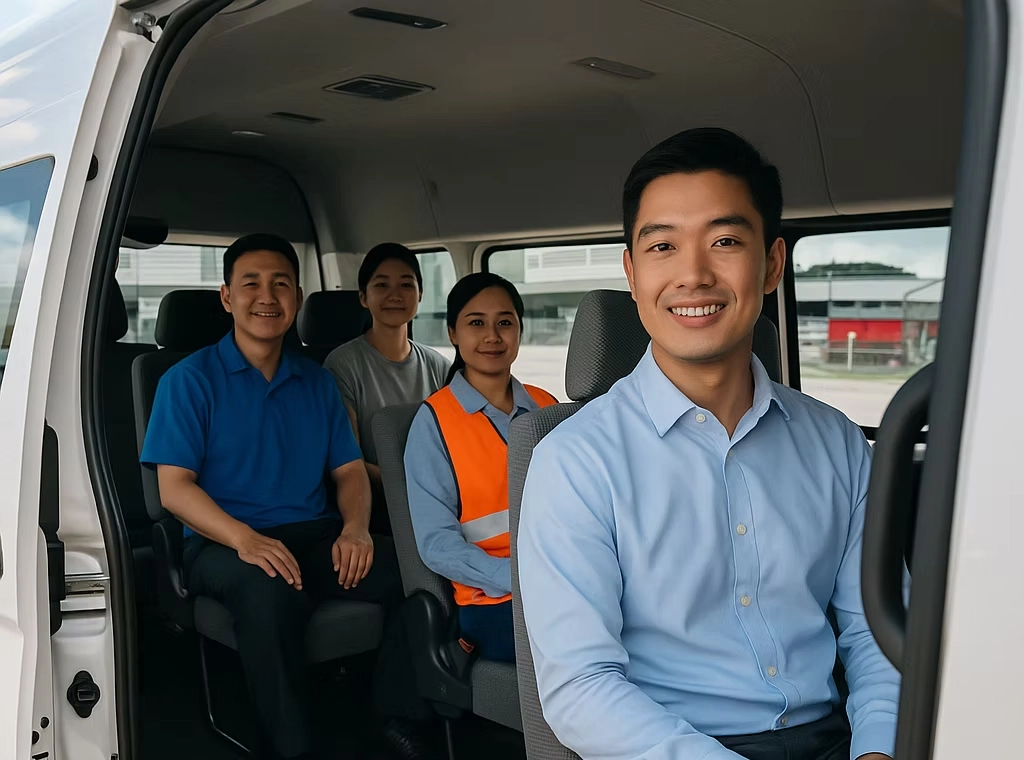 Driver with diverse team of workers seated in white transport van in Singapore industrial area